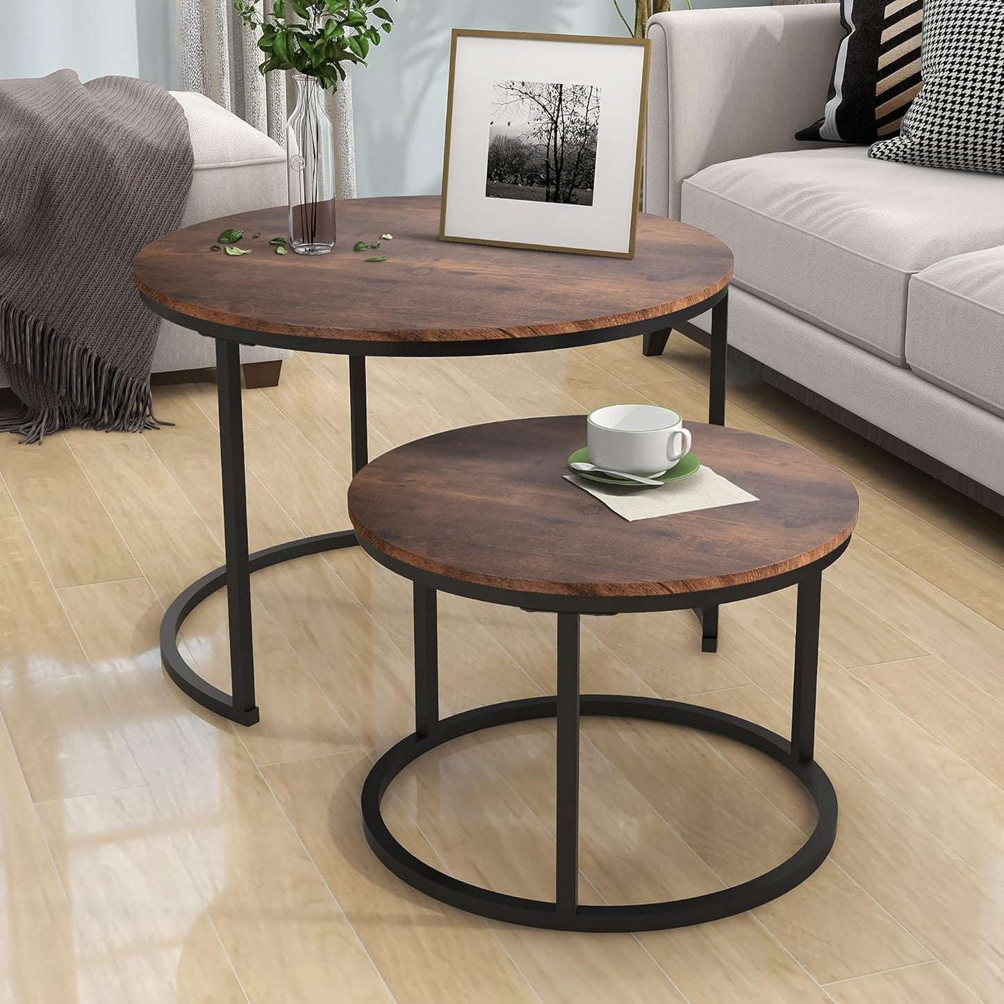 HOJINLINERO Nesting Round Coffee Table Set of 2 End Tables for Living Room,Grey Coffee Table Wooden Accent Furniture with Metal Frame,Stacking Side Tables,Black+Warm Grey