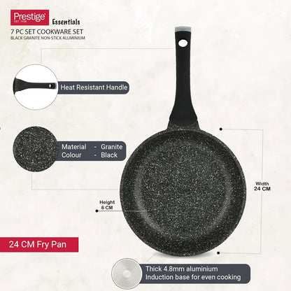 Prestige Essentials Granite 7 Piece Non-Stick Cast Aluminium Cookware sets | Induction Base | Non Stick Aluminium | Granite Casserole | Fry Pan - Green