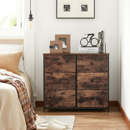 SONGMICS Dresser for Bedroom, Chest of Drawers, 6 Drawer Dresser, Closet Fabric Dresser with Metal Frame, Wooden Top and Front, Brown and Black ULGS23H