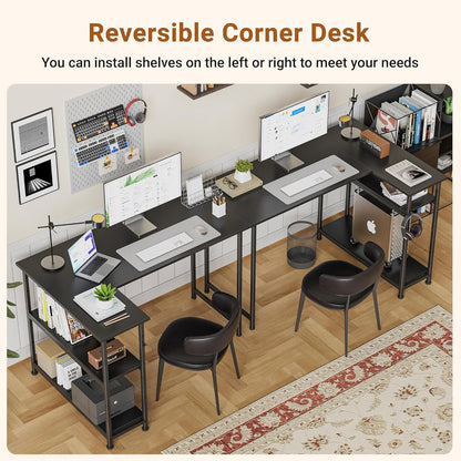 WWI Gaming Desk Office Desk 110cm Computer Desk Study Table Reversible Desk Table with Height-adjustable Shelves to Study and Play (black)