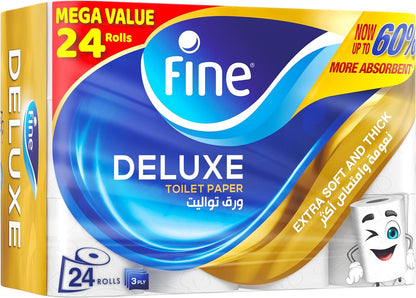 Fine Deluxe Toilet Paper 3 Ply, 24 Rolls x 140 Sheets, Highly Absorbent , Premium Feel Softness Bathroom Tissue Roll, Sterilized for Germ Protection, Maximum Tissue Thickness