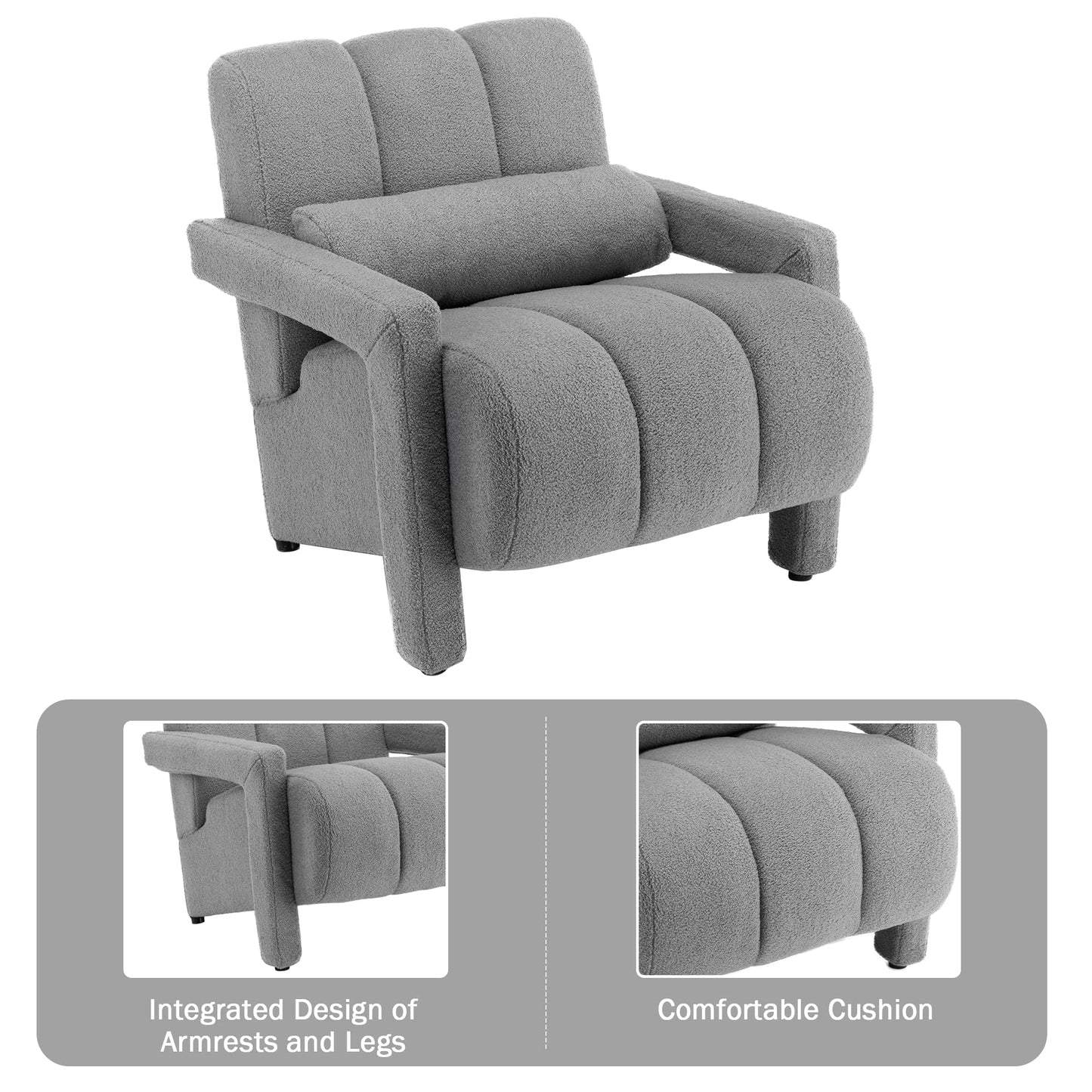 LOULENS Lambswool Accent Chair, Modern Upholstered Sherpa Accent Chair, Comfy Teddy Single Armchair with Pillow for Living Room, Bedroom (Grey, Backrest Under The Cushion)