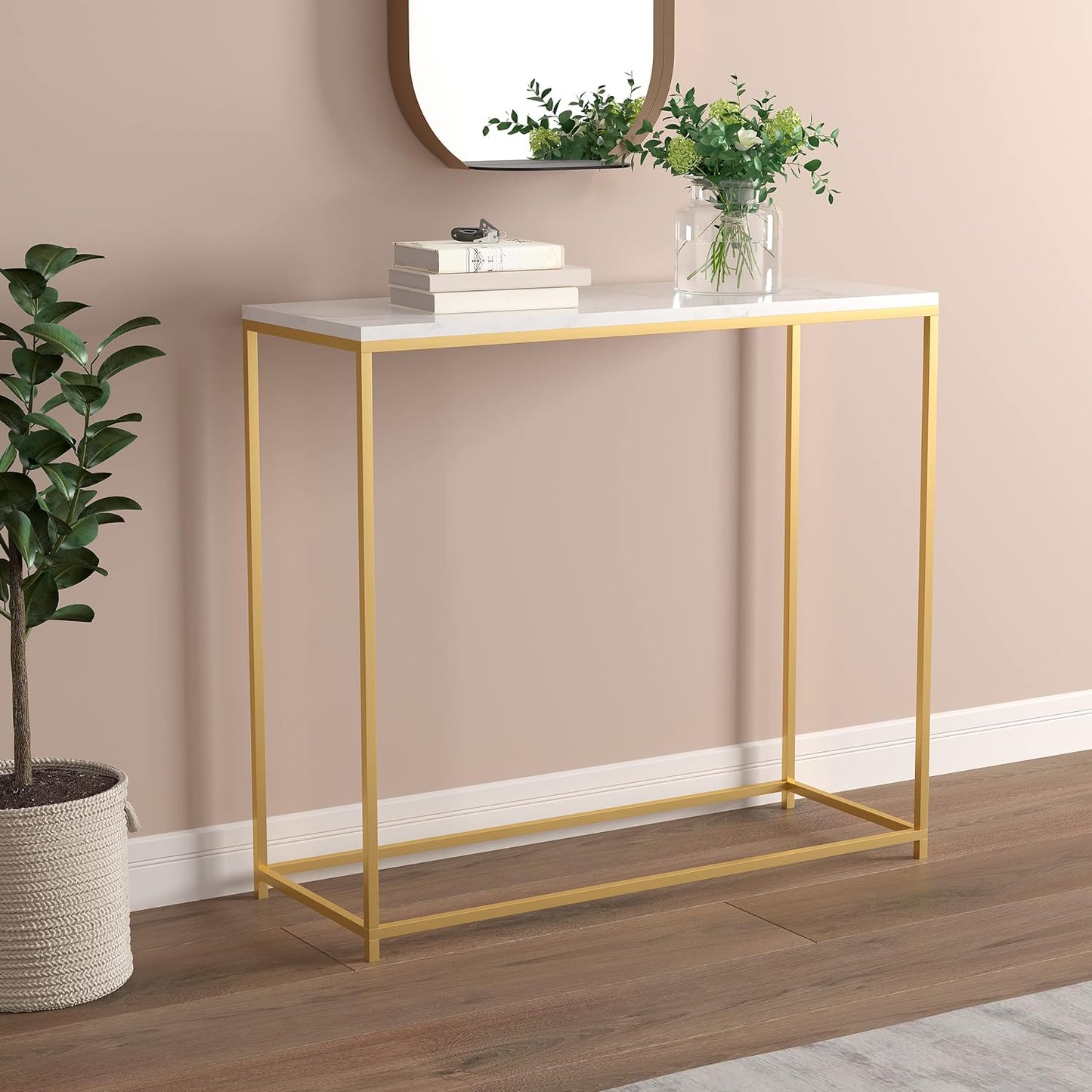 Safdie & Co. - Marble White Console Tables for Entryway, Gold Metal Console Table, Use As Doorway Table, Narrow Bar Table, or Accent Furniture for Decorating Foyer, 31 x 12 x 28 inches