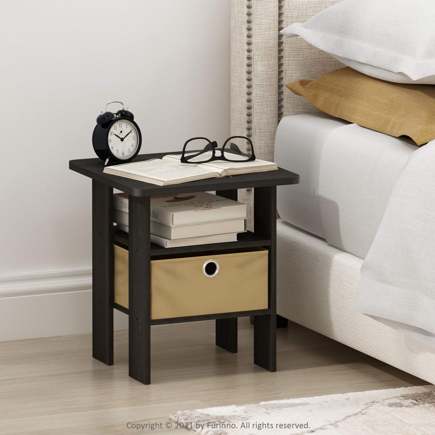 Furinno Andrey Set Of 2 End Table / Side Night Stand Bedside With Bin Drawer, Espresso