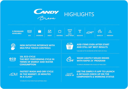 Candy Brava 13 plate settings Dishwaser - Simply fi - ZOOM 39' - RAPID 24'' - Stainless Steel - CDPN 2D360PX-19