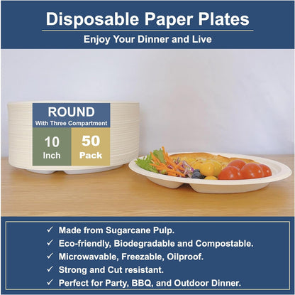 EcoHousing [10 Inch, 50 Pieces] 3-Compartment Disposable Plates, Nature Compostable Dinner Plates, Hot or Cold Use, Strong and Large, Microwavable, Eco-Friendly