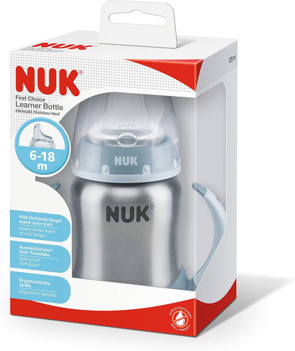 NUK First Choice+ Stainless Steel Learner Cup Sippy Cup | 6-18 Months | Leak-Proof Silicone Spout | Anti-Colic Vent | BPA-Free | 125ml | Blue | 1 Count