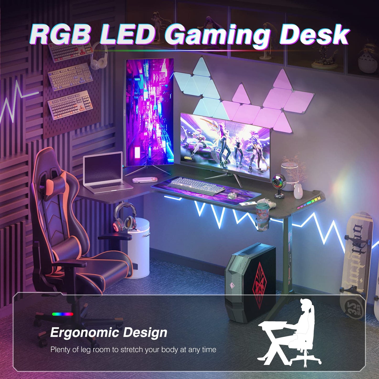 L-Shaped Gaming Desk Computer Workstation: 160 x 100cm Large Corner Game Table Carbon Fiber Black Desktop Gamer Desks with 6 Colors 8 Modes RGB Light Cable Management Box Headphone Hook and Cup Holder