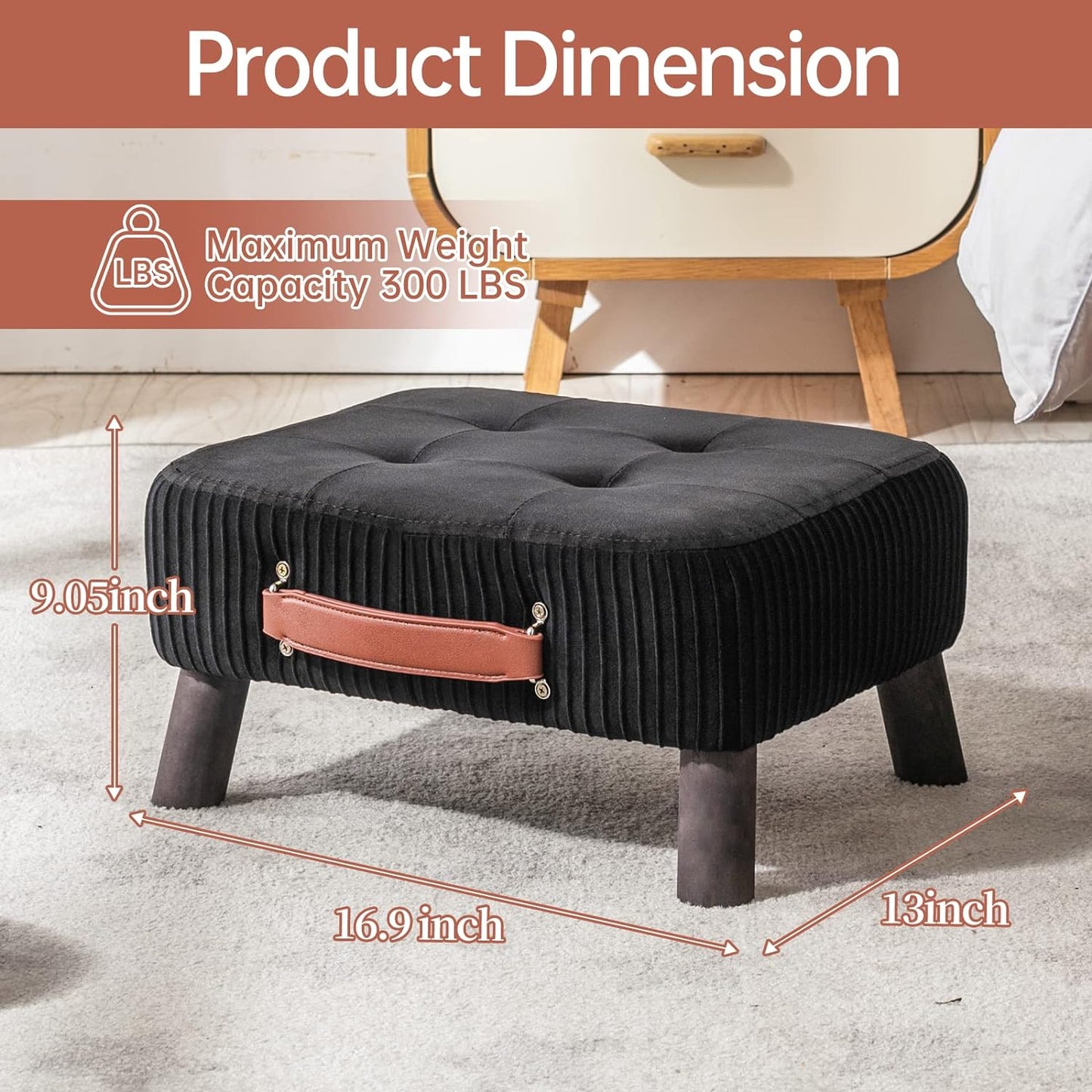 Small foot stool ottoman, Beige PU leather rectangle ottoman footrest, bedside step stool with wood legs, small Rectangular stool, foot rest for couch, small ottoman for desk, living room, bedroom