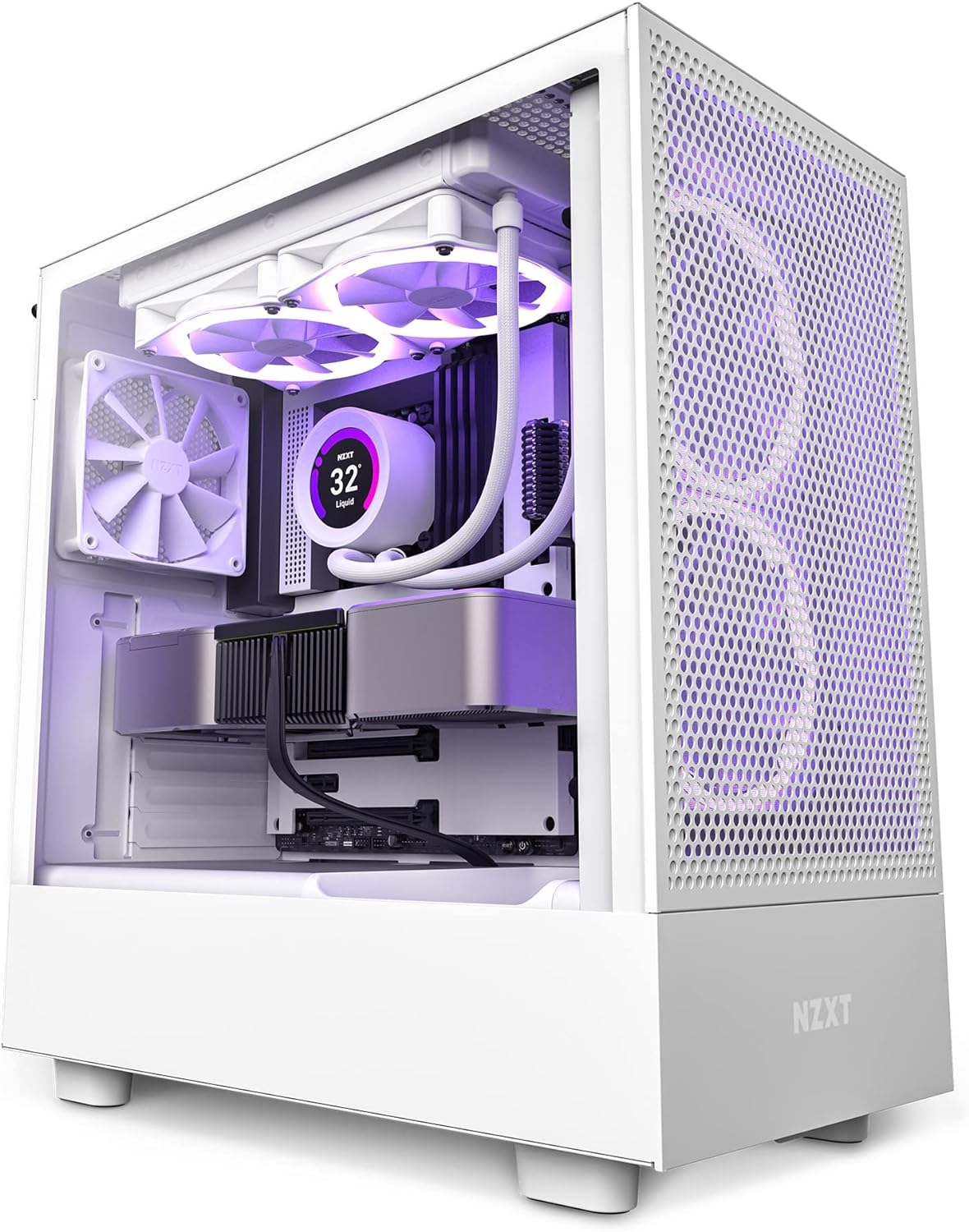 NZXT H5 Flow Compact ATX Mid-Tower PC Gaming Case – High Airflow Perforated Front Panel – Tempered Glass Side Panel – Cable Management – 2 x 120mm Fans Included – 280mm Radiator Support – White