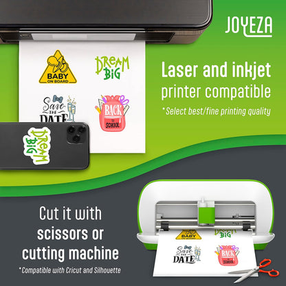 JOYEZA Premium Printable Vinyl Sticker Paper for Inkjet Printer - 25 Sheets Matte White Waterproof, Dries Quickly Vivid Colors, Holds Ink well- Tear Resistant & Laser