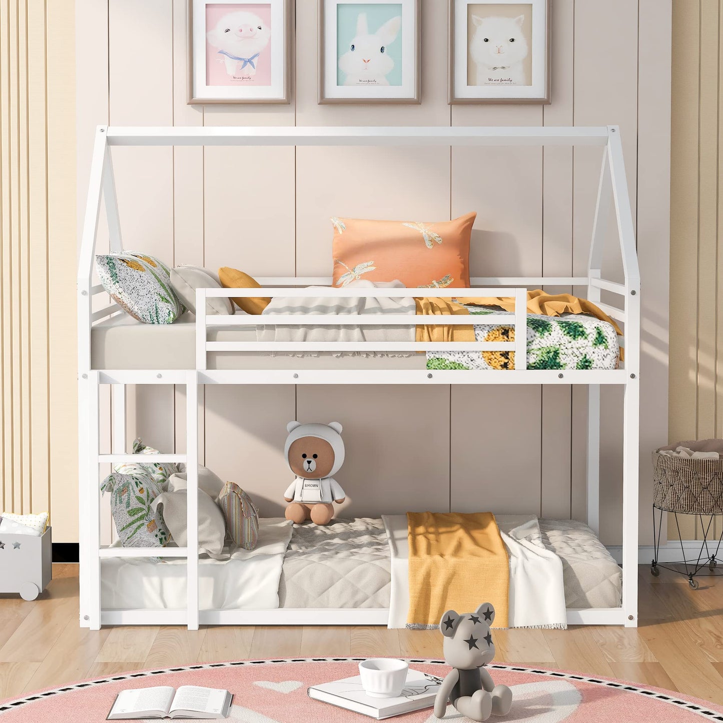 Lostcat Twin Over Twin Low Bunk Bed, House Bed for Kids, House-Shaped Solid Pine Wood Bed Frame w/Safety Guardrail & Ladder, No Box Spring Needed, for Girls, Boys - White