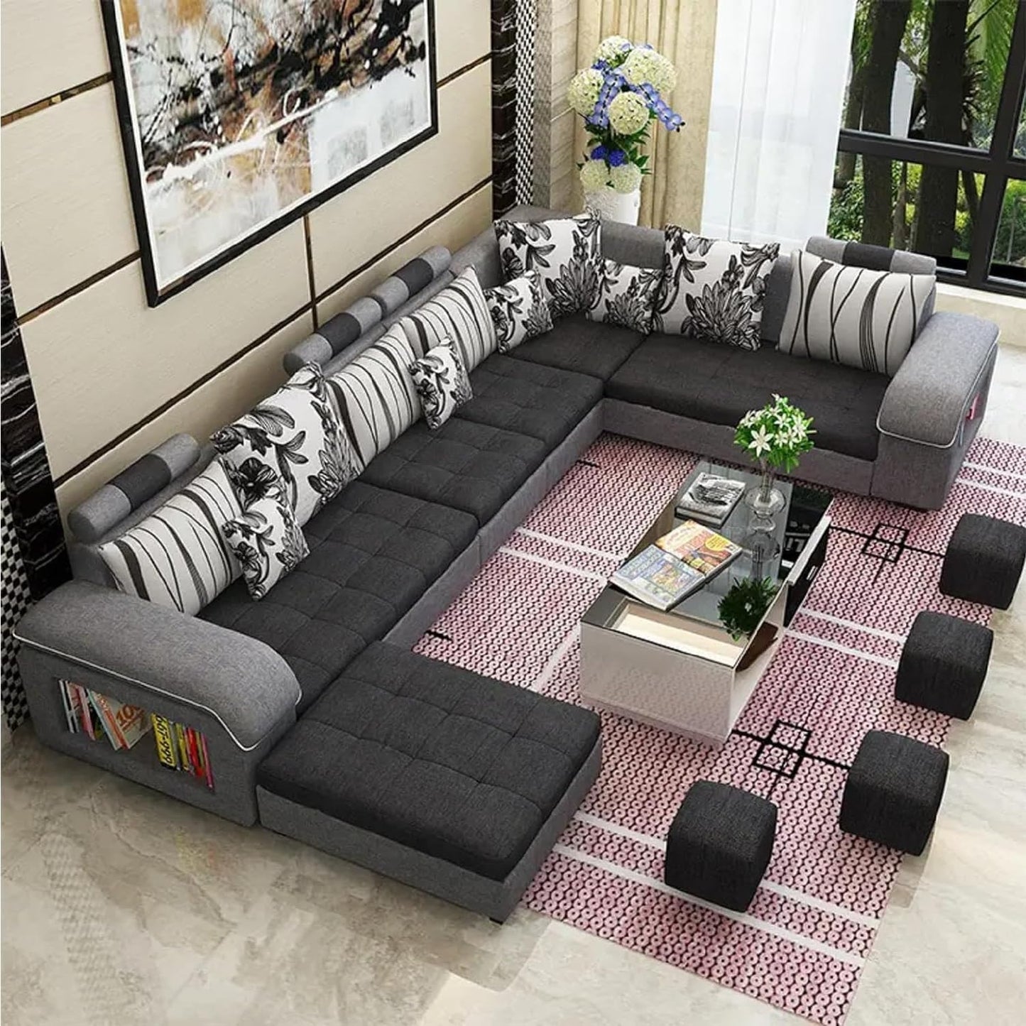 Modern U Shaped Sectional Sofa Set 7 Seater Couch Luxury Design Velvet Fabric FREE ASSEMBLY (Charcoal Gray, Right)