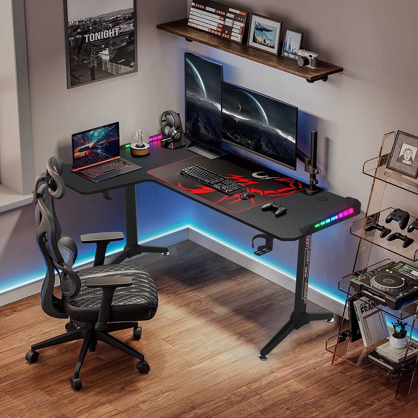 L-Shaped Gaming Desk Computer Workstation: 160 x 100cm Large Corner Game Table Carbon Fiber Black Desktop Gamer Desks with 6 Colors 8 Modes RGB Light Cable Management Box Headphone Hook and Cup Holder