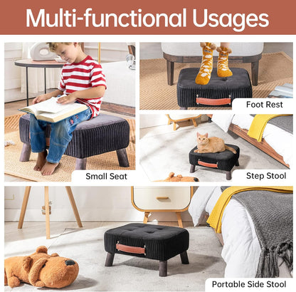 Small foot stool ottoman, Beige PU leather rectangle ottoman footrest, bedside step stool with wood legs, small Rectangular stool, foot rest for couch, small ottoman for desk, living room, bedroom