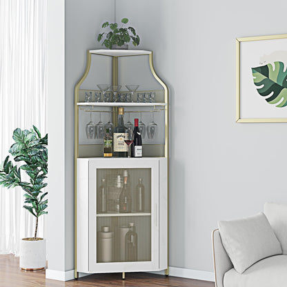 IDEALHOUSE Corner Wine Bar Cabinet with Detachable Wine Rack, Bar Cabinet with Glass Holder, Small Sideboard and Buffet Cabinet with Mesh Door (Grey)