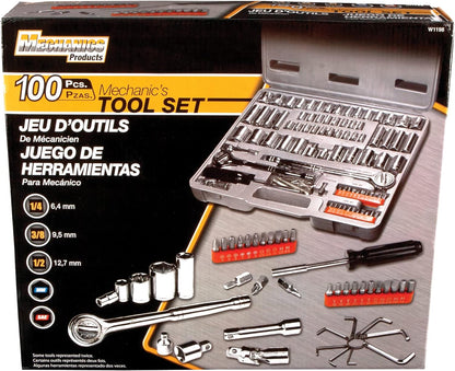 PERFORMANCE TOOL W1198 SAE/Metric 100-Piece Socket (1/4", 3/8" & 1/2" Drive) and Bit Set,Gray, 100pc & Set