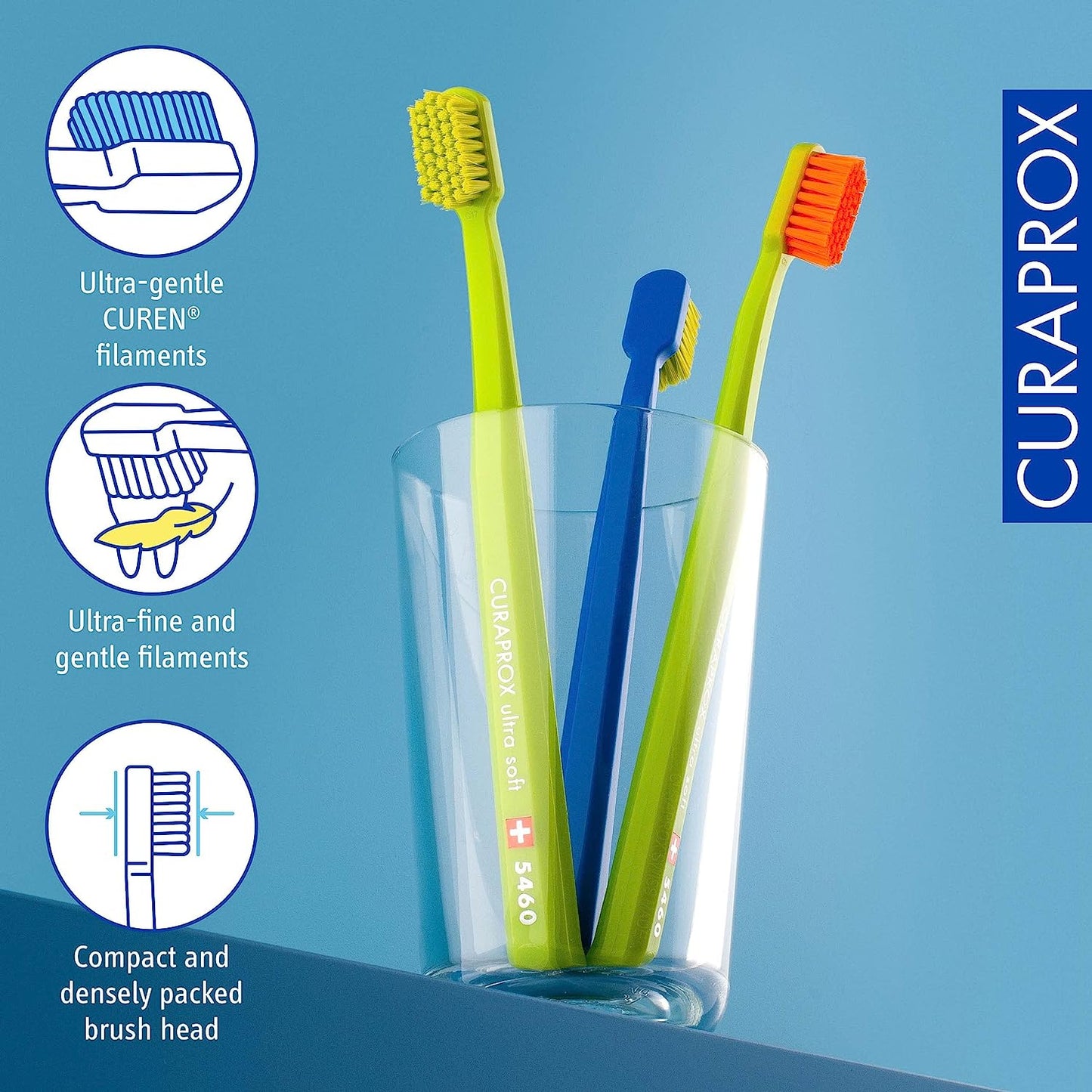 Curaprox Toothbrush CS 5460 Ultra-Soft, 3 Pack - Ultra Soft Toothbrush for adults with 5460 CUREN Bristles - Curaprox Manual Toothbrush