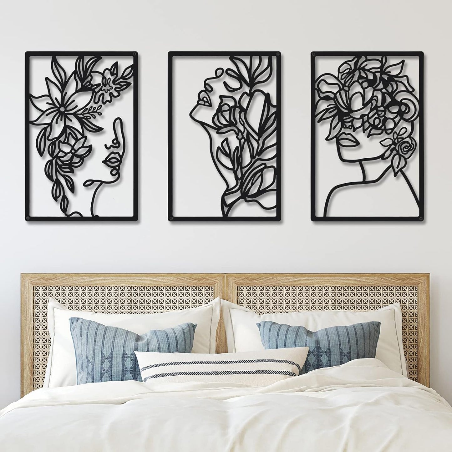 CHENGU 3 Pieces Metal Minimalist Abstract Woman Wall Art Line Drawing Wall Art Decor Single Line Female Home Hanging Wall Art Decor for Kitchen Bathroom Living Room (Black, Hand)