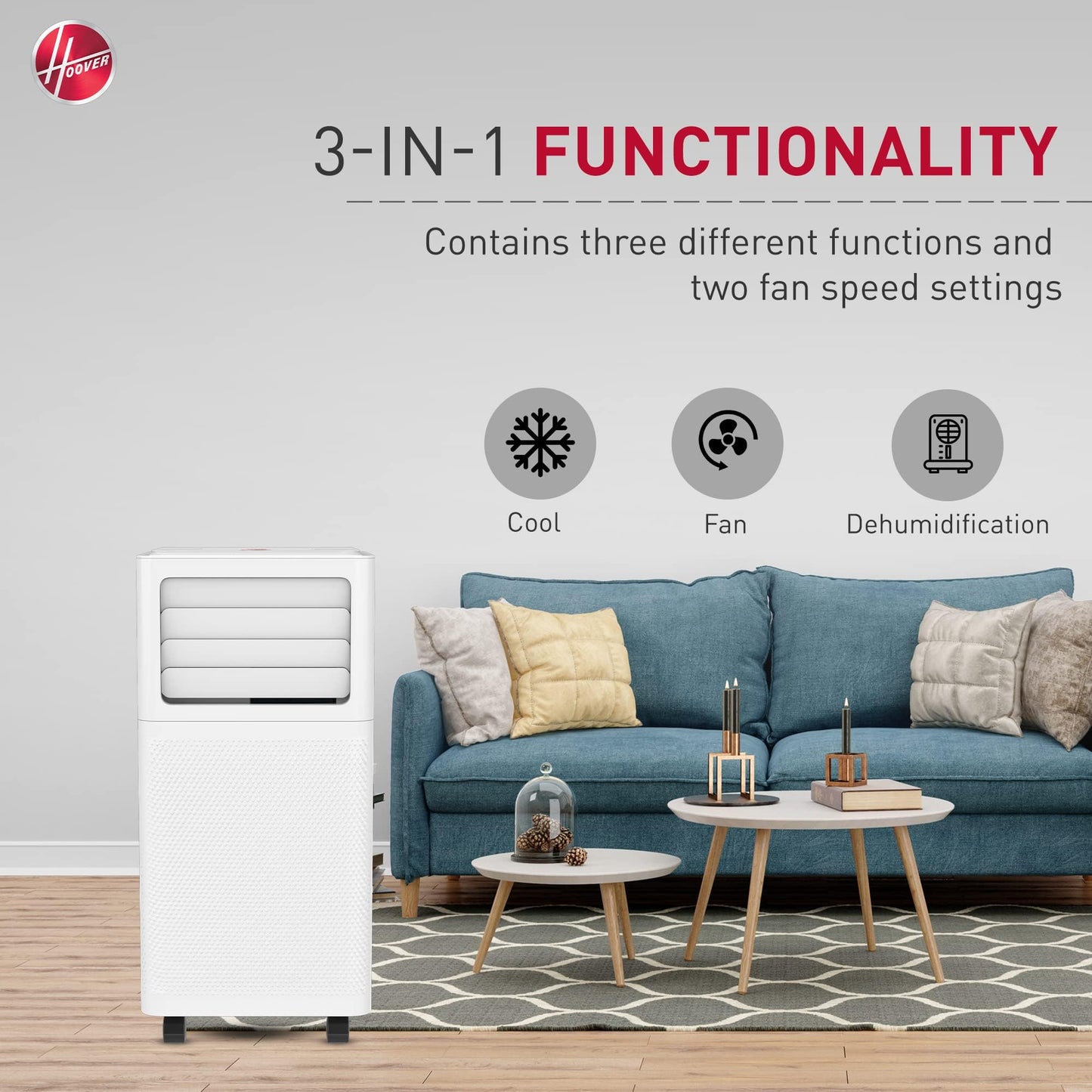 Hoover 1 Ton Portable Air Conditioner For Home & Office, 12000 BTU, 24H Timer, Powerful Cooling, Low Noise, Rotary Compressor, 2 Fan Speeds, Dehumidifier Function, Hap-S12K