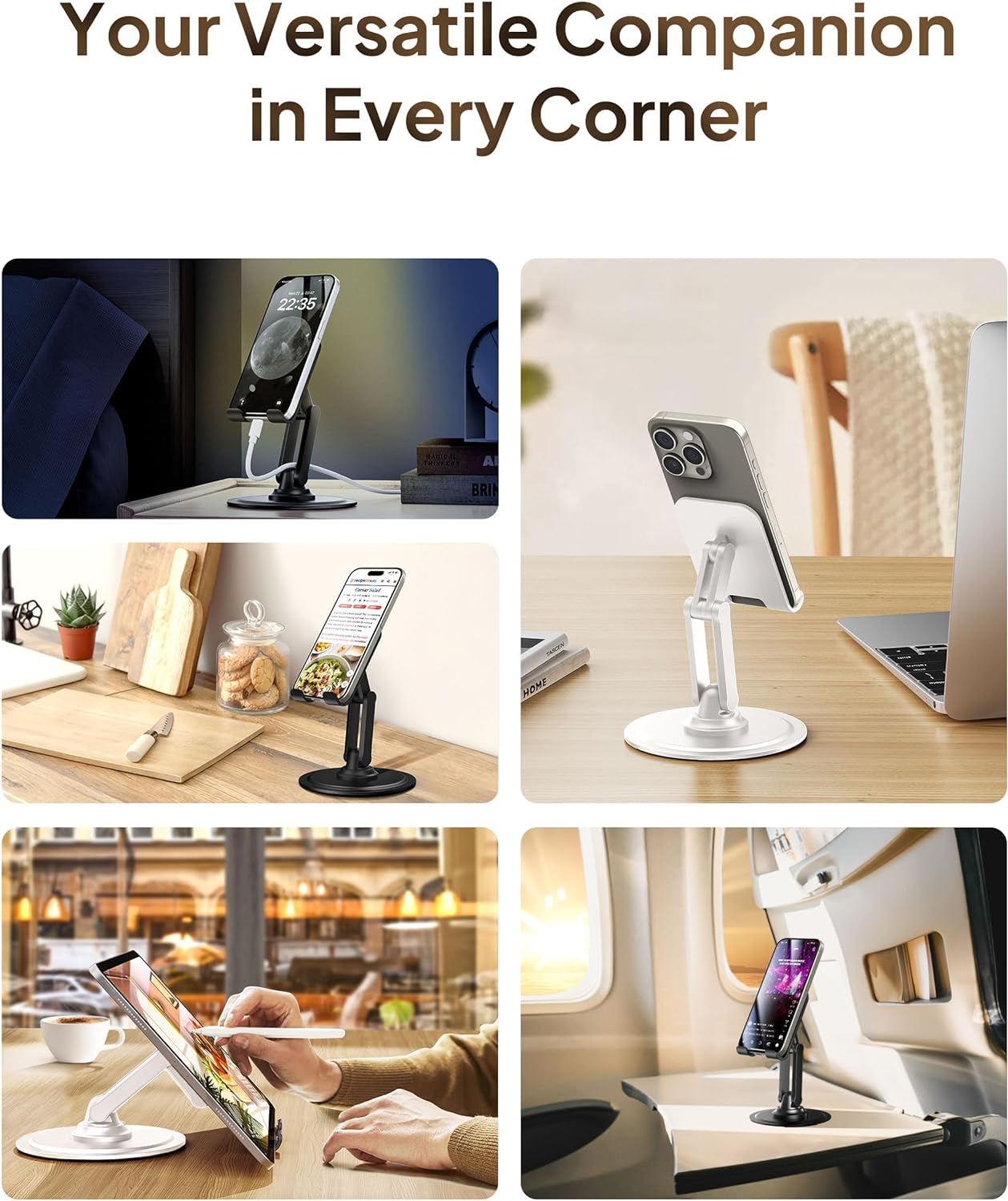 Cooper 360 Stand - Adjustable Cell Phone Stand for Desk | 360 Click-Rotating, Multi-Angle, Non-Slip Metal Base, Foldable & Portable | iPhone Stand for Desk, Cell Phone Stand Holder (Piano Black)