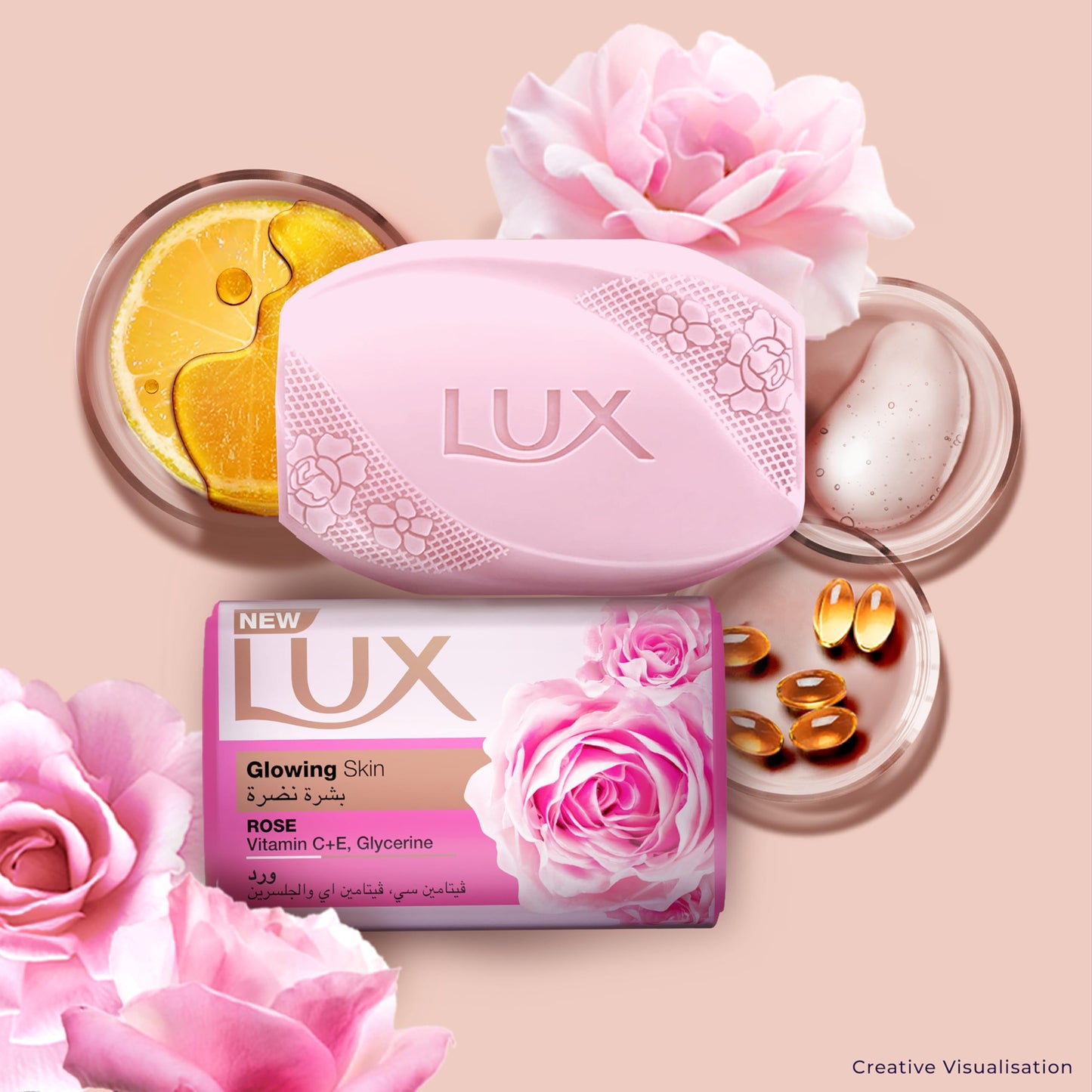 LUX Bar Soap for glowing skin, Rose, with Vitamin C, E, and Glycerine, 6 x 120g