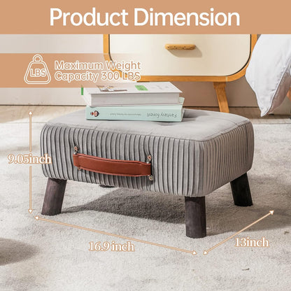 Small foot stool ottoman, Beige PU leather rectangle ottoman footrest, bedside step stool with wood legs, small Rectangular stool, foot rest for couch, small ottoman for desk, living room, bedroom