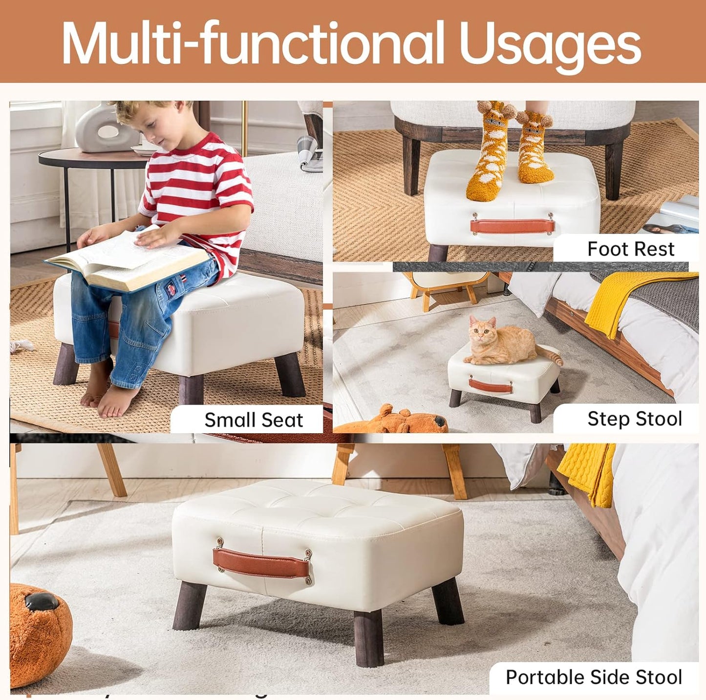 Small foot stool ottoman, Beige PU leather rectangle ottoman footrest, bedside step stool with wood legs, small Rectangular stool, foot rest for couch, small ottoman for desk, living room, bedroom