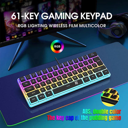 ROCK POW 60% Wired Gaming Keyboard, RGB Backlit Ultra-Compact Mini Keyboard, Waterproof Small Compact 61 Keys Keyboard for PC/Mac Gamer, Typist, Travel, Easy to Carry on Business Trip(Black-White)