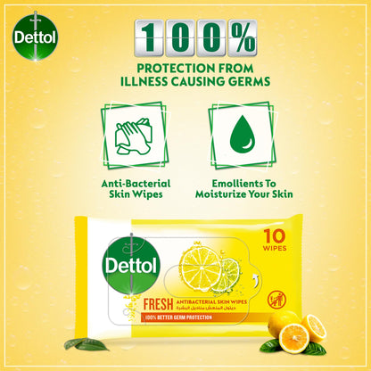 Dettol Fresh Antibacterial Skin Wipes for Use on Hands, Face, Neck etc, Protects Against 100 Illness Causing Germs, Pack of 50 Water Wipes