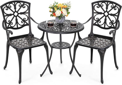 Nuu Garden Bistro Set 3 Piece Outdoor, Cast Aluminum Patio Bistro Sets with Umbrella Hole, Bistro Table and Chairs Set of 2 for Patio Backyard