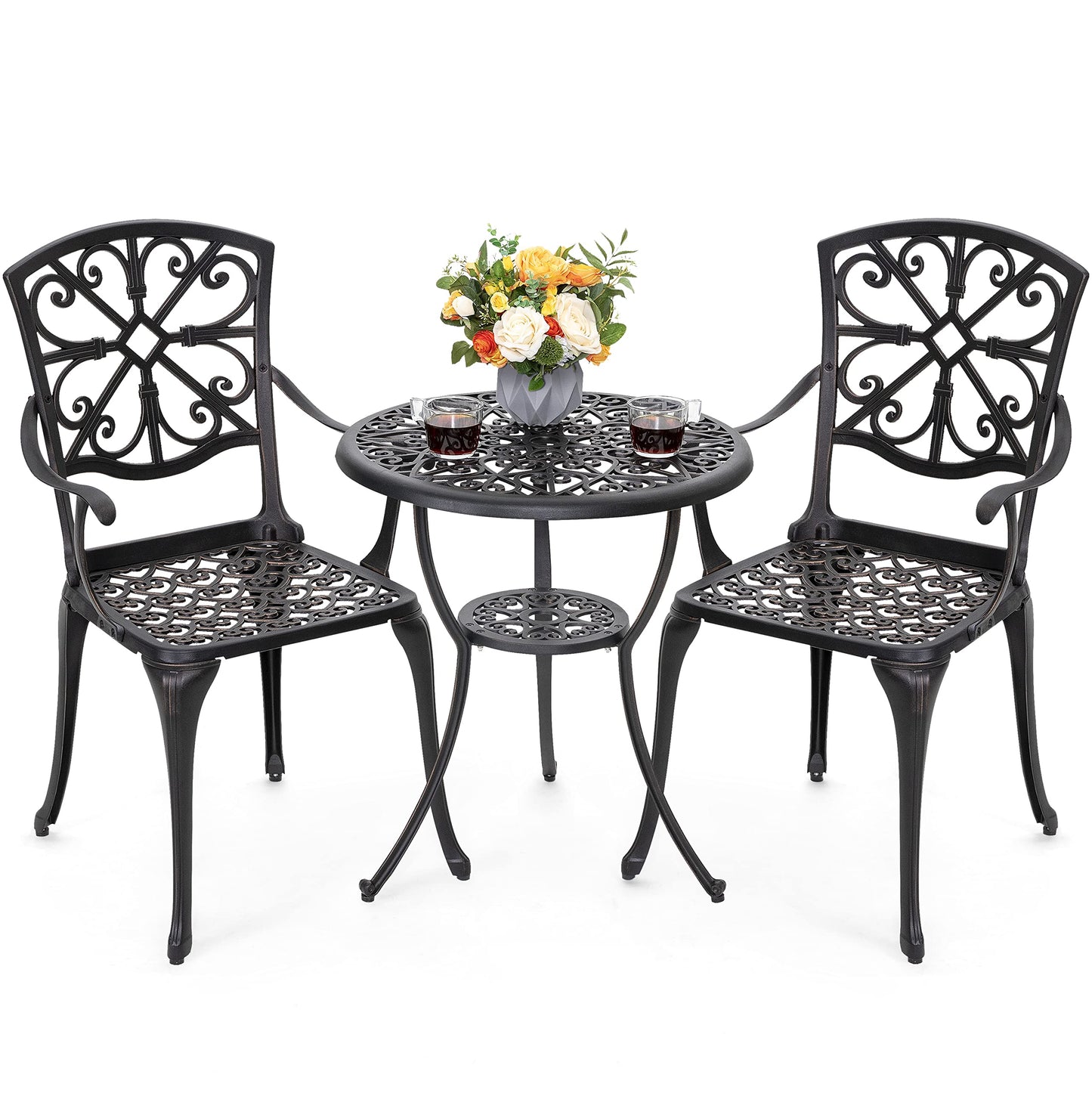 NUU GARDEN Bistro Set 3 Piece Outdoor All Weather Cast Aluminum Patio Bistro Set Patio Table and Chairs Set of 2 with Umbrella Hole and Grey Cushions for Backyard, Balcony, Lawn, Black