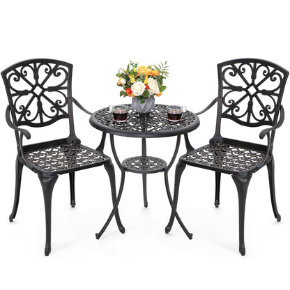 NUU GARDEN Bistro Set 3 Piece Outdoor All Weather Cast Aluminum Patio Bistro Set Patio Table and Chairs Set of 2 with Umbrella Hole and Grey Cushions for Backyard, Balcony, Lawn, Black