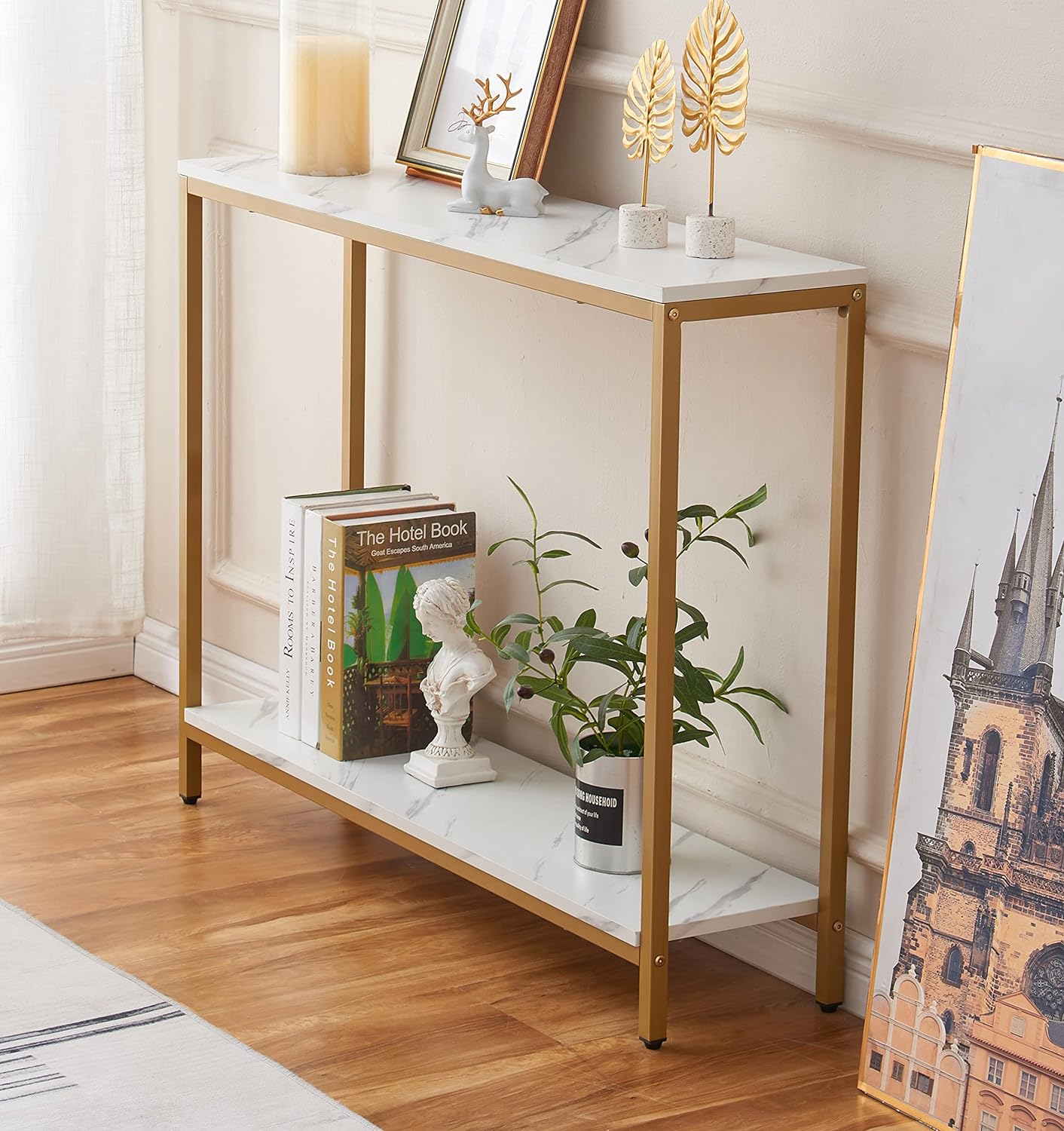 loglus Console Table for Entryway, Faux Marble MDF Sofa Table with Golden Frame (Double Layer, White Marble)