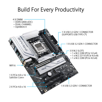 ASUS Prime X670-P WiFi Socket AM5, LGA 1718, Ryzen 7000 ATX Motherboard, DDR5,Three M.2 Slots, USB 3.2 Gen 2x2 Type-C, USB4 Support, WiFi 6, 2.5Gb Ethernet - Black - CaveHubs