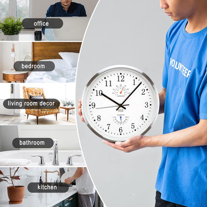 HITO 10” Silent Wall Clock Battery Operated Non Ticking Sweep Movement Glass Cover Silver Aluminum Frame, for Kitchen, Bedroom, Home Office, Living Room Decor (Black)