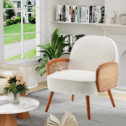 Aklaus Mid Century Modern Accent Chair Armchair with Rattan Arms Upholstered Rattan Hobo Accent Chairs for Living Room Bedroom Balcony Sherpa Teddy Fabric Reading Chairs Side Club Chair White