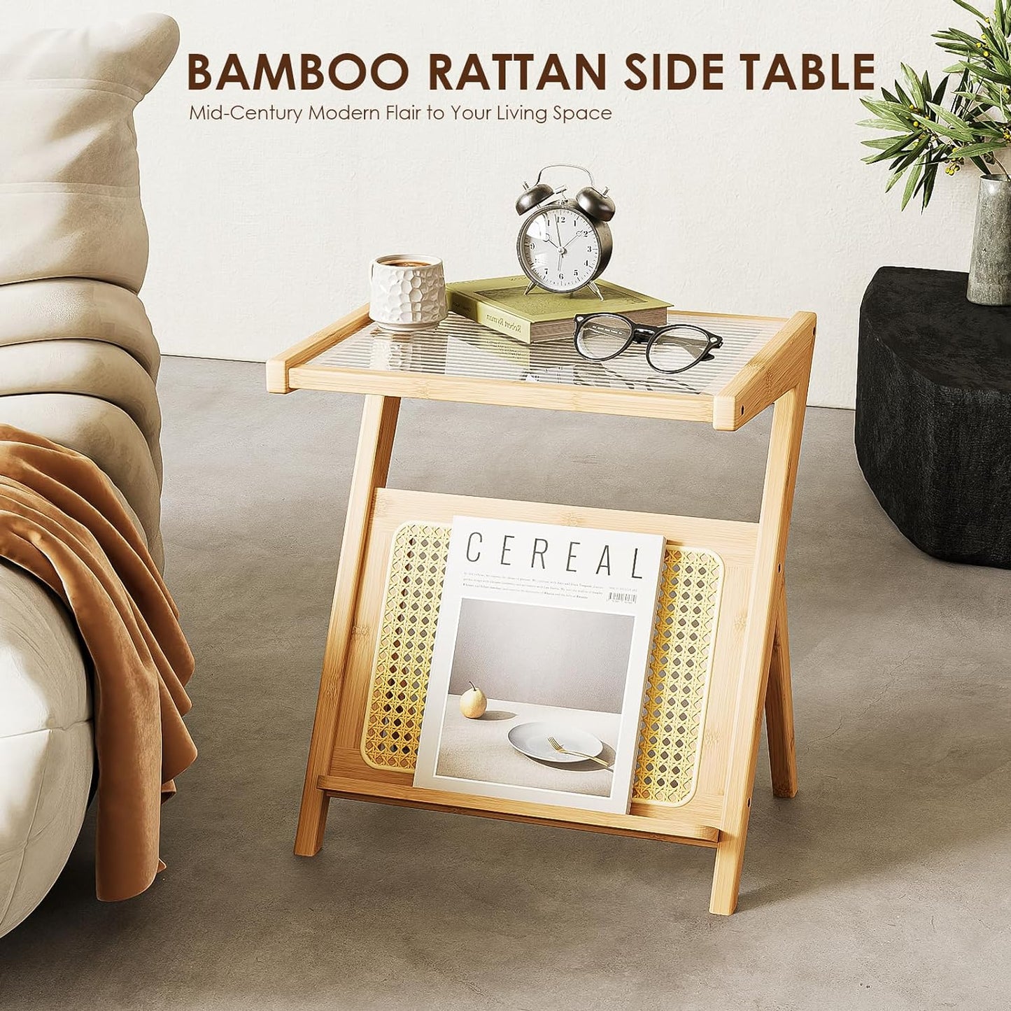 Bamworld Rattan Side Table Boho NightStand Mid Century Modern End Table Glass Bedside Table Small End Tables Bamboo Coffee Table with Storage for Living Room Bedroom, Bamboo Brown (A1)