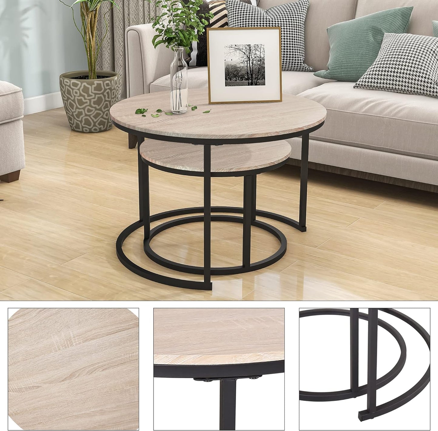 HOJINLINERO Nesting Round Coffee Table Set of 2 End Tables for Living Room,Grey Coffee Table Wooden Accent Furniture with Metal Frame,Stacking Side Tables,Black+Warm Grey