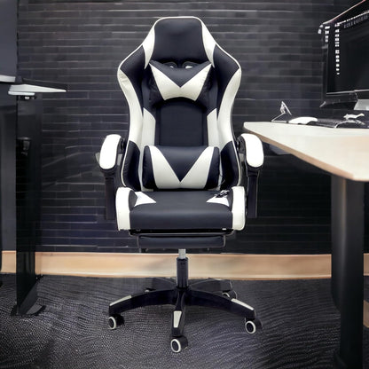 SBF Gaming Chair with Footrest, High Back Leather Office Desk Chair with USB Massager, Adjustable Height, Headrest and Lumbar, Swivel Video Game Chair, Ergonomic Computer Gaming Chair (White Black)