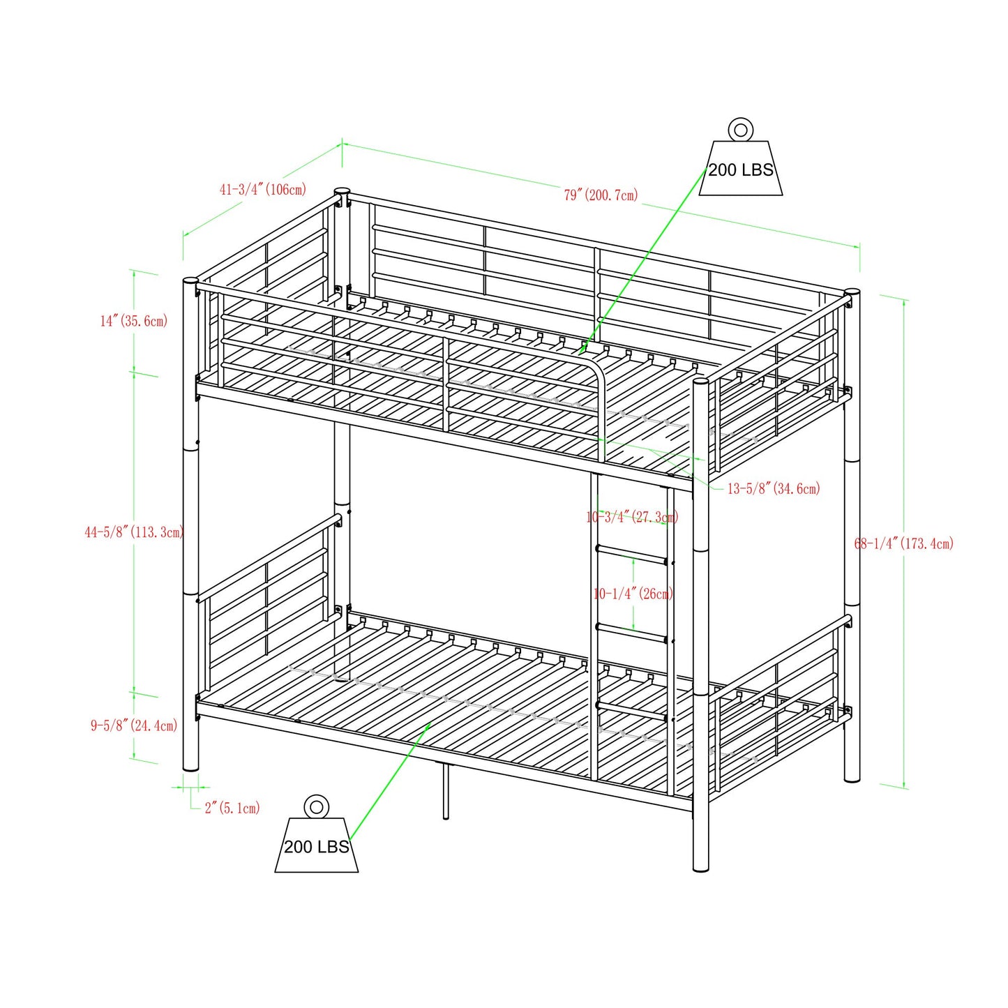 Walker Edison Elodie Urban Industrial Twin over Twin Metal Bunk Bed, Twin over Twin, White