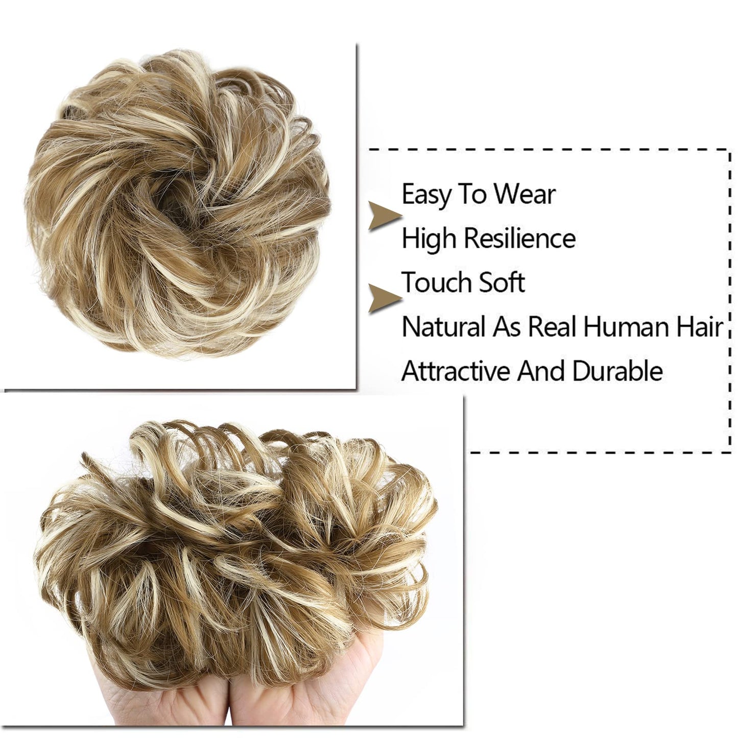 MORICA 1PCS Messy Hair Bun Hair Scrunchies Extension Curly Wavy Messy Synthetic Chignon for Women (12AH613(Light Golden Brown & Lightest Blonde))