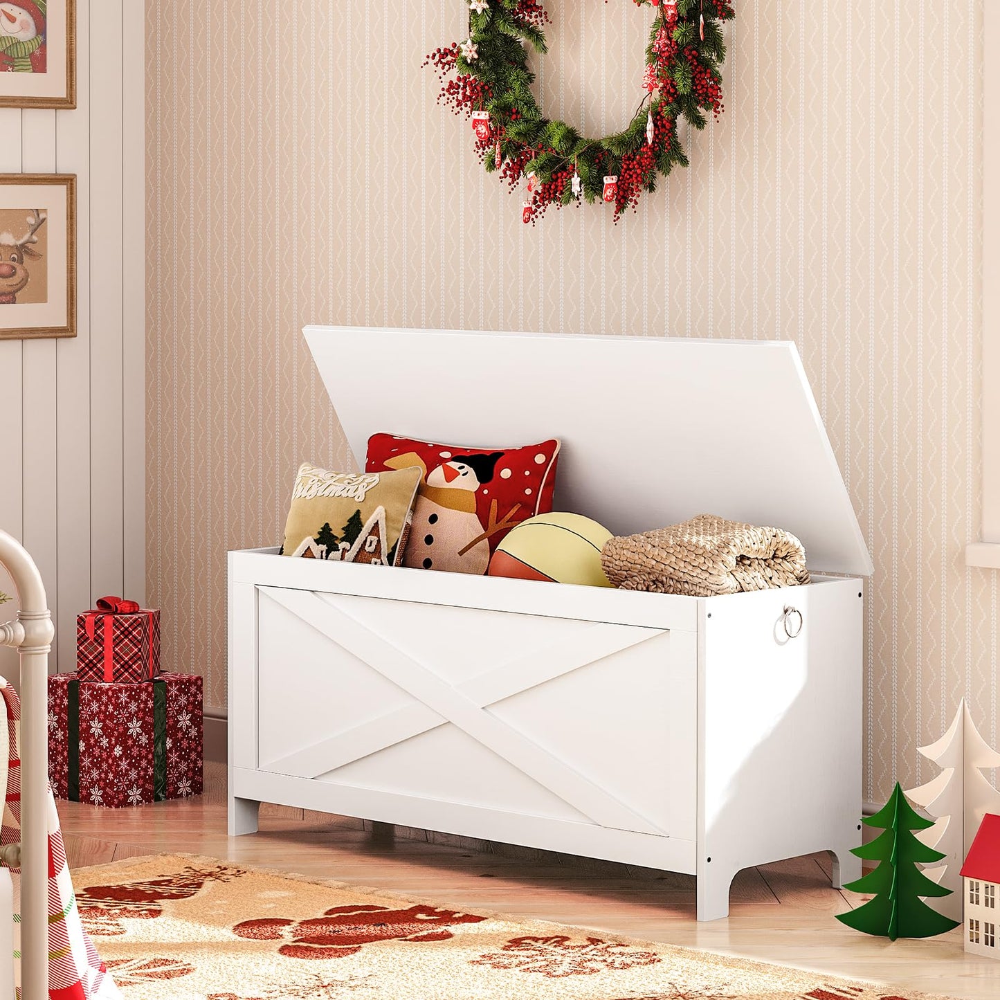 MAHANCRIS 39.4" Toy Chest, Sturdy Entryway Storage Chest with Safety Hinges, Retro Toy Box, Wooden Look Accent Furniture for Living Room, Bedroom, White SCWT48101Z1