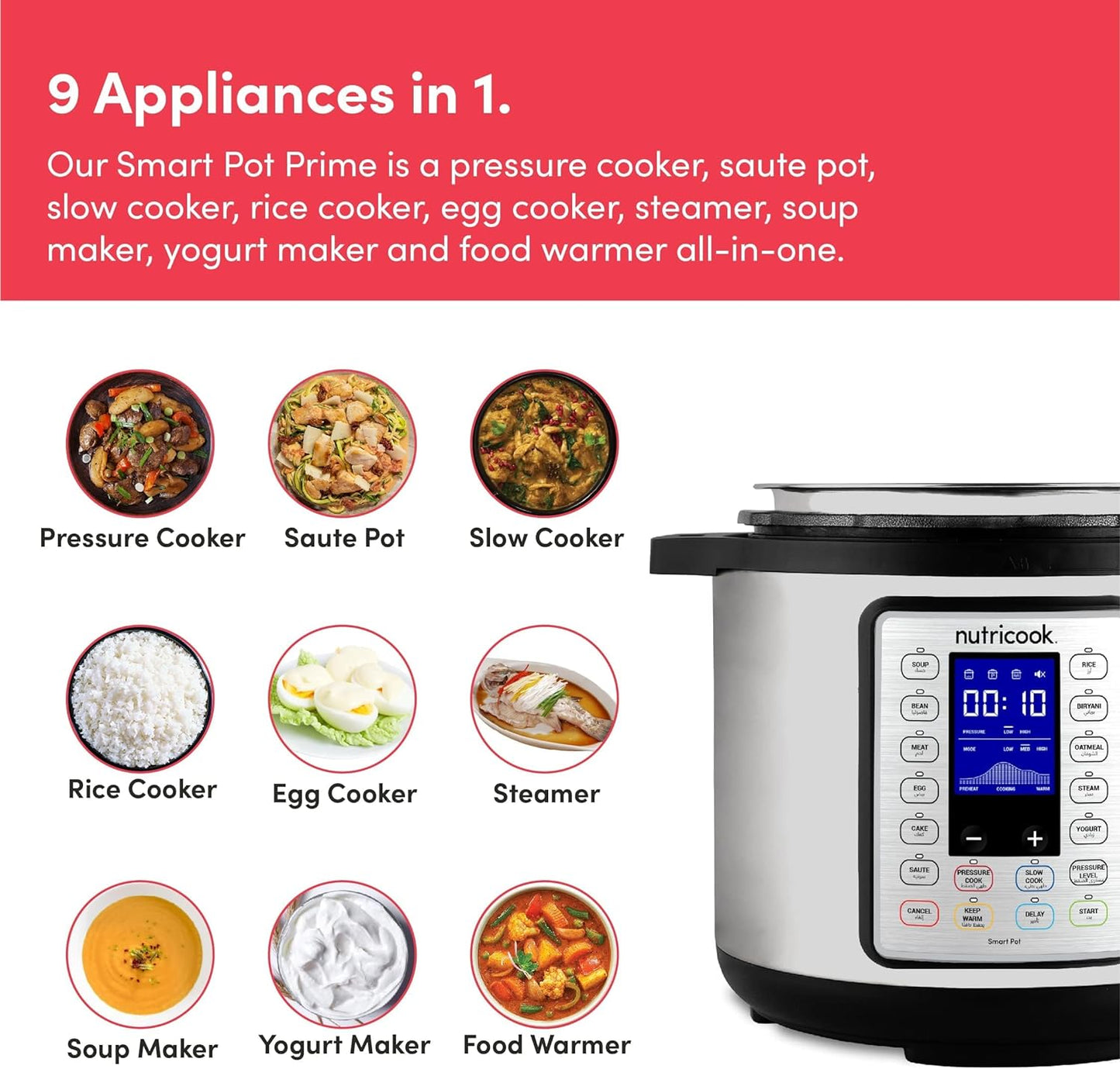 Nutricook Smart Pot 2 Prime 1000 Watts - 9 Appliances in 1, Pressure Cooker, Sauté Pan, Slow, Rice Cooker, Cake Maker, Steamer, Yogurt & Soup Maker and Food Warmer, 6L, Brushed Stainless Steel