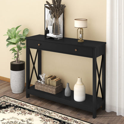 Treocho Oxford Design Console Table with 1 Drawer, Foyer Sofa Table Narrow for Entryway, Black