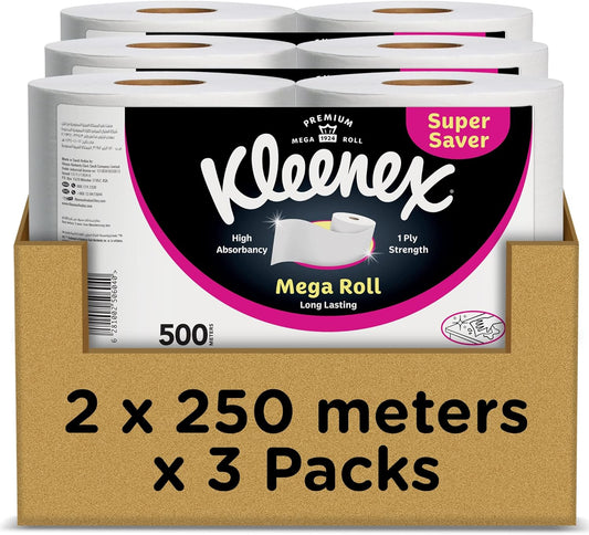 Kleenex Kitchen Paper Towel, Mega Roll Tissue, 6 Rolls x 250 Meters, High Absorbency for Multi Purpose