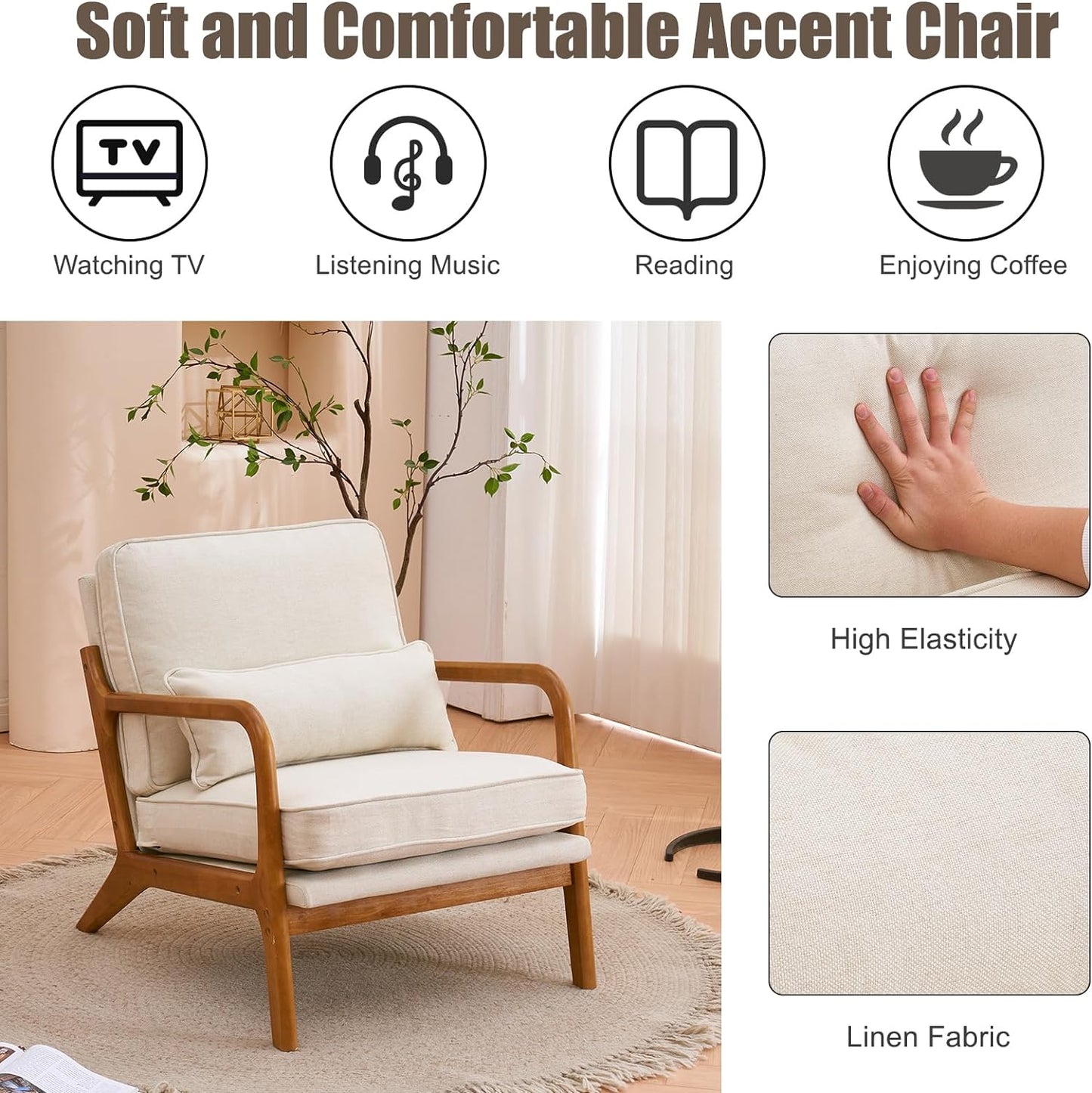 Anewome Mid Century Modern Accent Chair with Wood Frame Upholstered Lounge Linen Fabric Armchair Comfy Reading Leisure Chair with Cushion for Living Room Bedroom Balcony, Beige