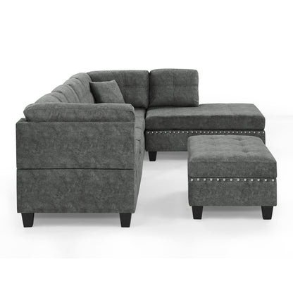 Evedy Living Room Furniture Sets,Sectional Sofa with Storage Ottoman,L-Shaped Two Cup Holders and 2 Pillows&Extra Wide Reversible Chaise,Upholstered Couch for Large Space Apartments, Gray F