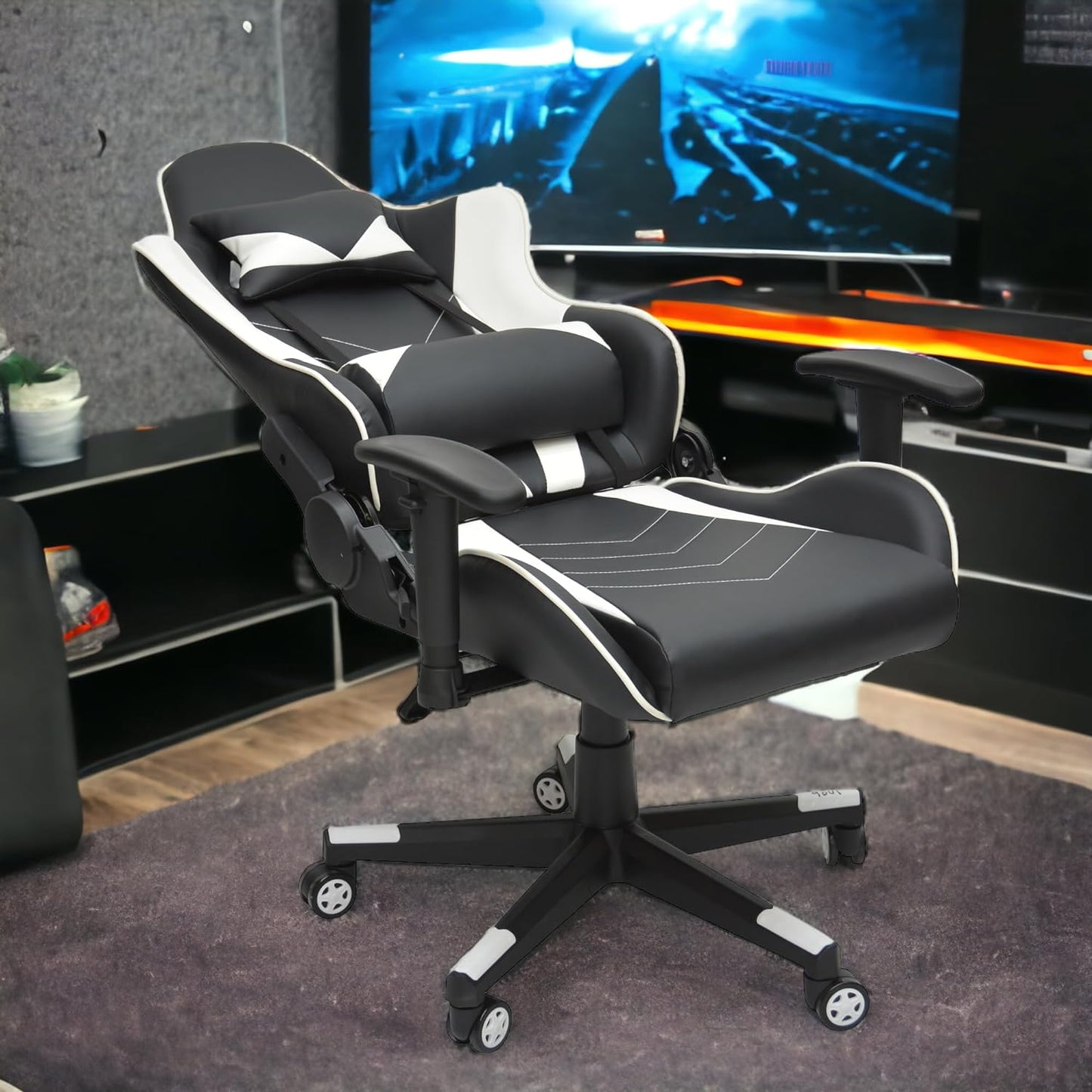 Multi Home Furniture Modern design Best Executive gaming chair MH-1006-Black White for Video Gaming Chair for Pc with fully reclining back and head rest and soft leather (Black White)