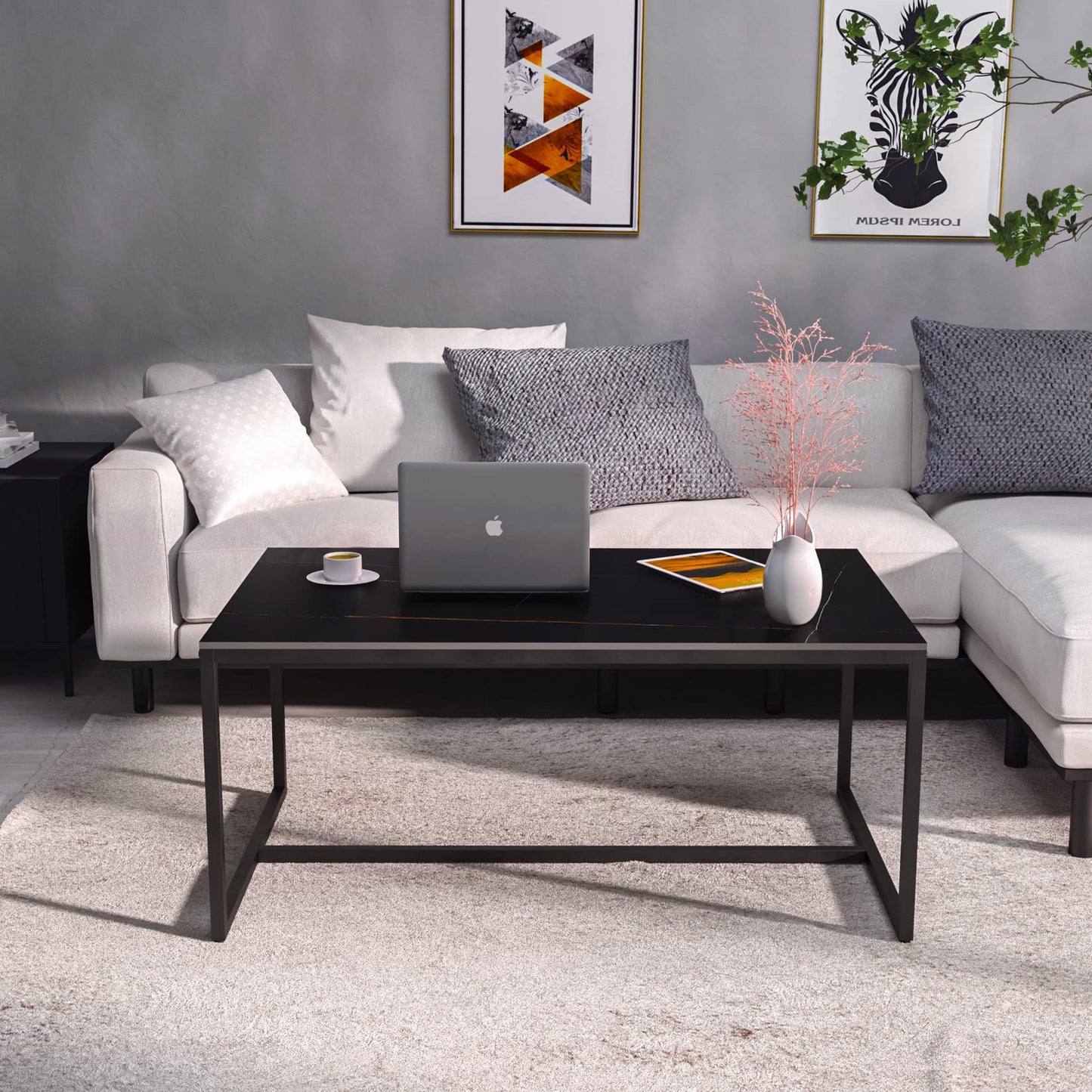 Marble Top Coffee Tables Rectangle: Sintered Stone Large Black Coffee Table Marbles Effect Tabletop with Sturdy Metal Legs Modern Sofa Center Table for Living Room Furniture Decor 100x60x42 CM